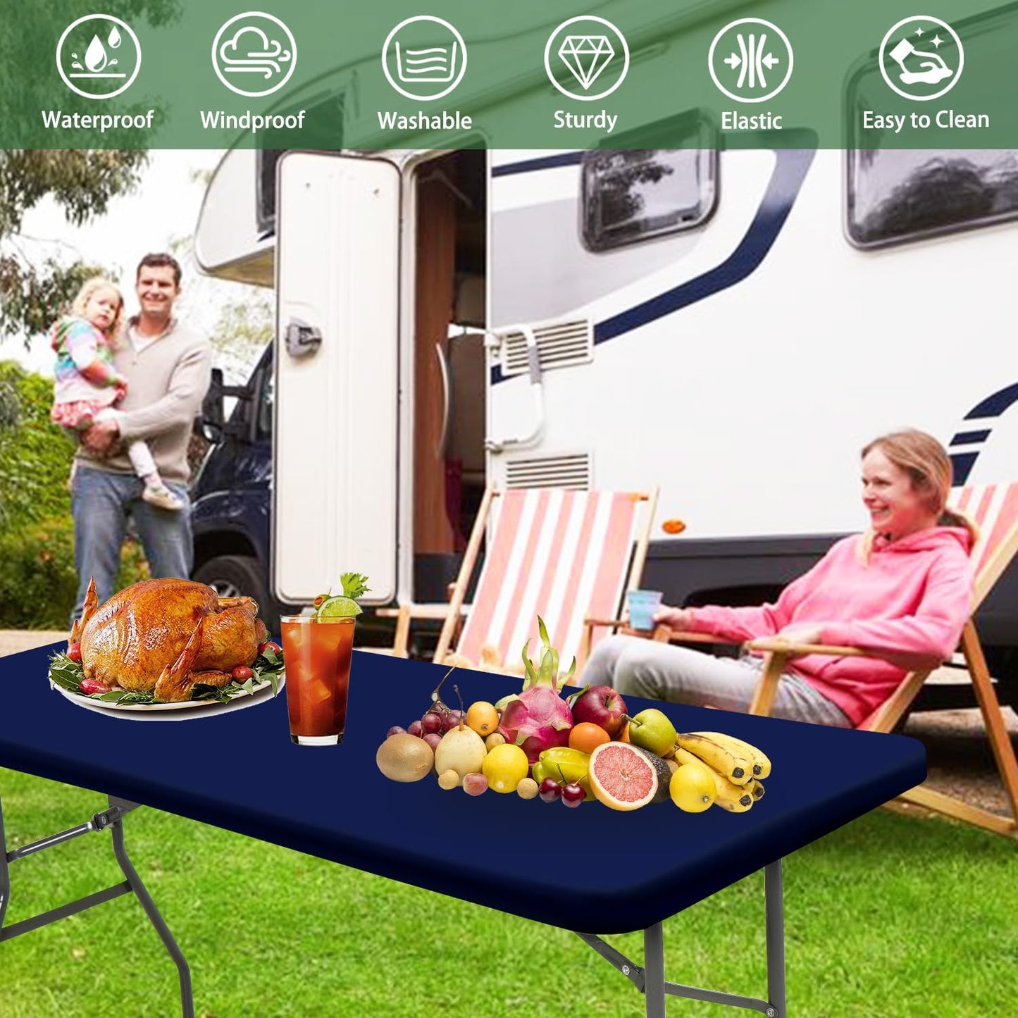 6 Pack Picnic Table Cover Fitted Elastic Tablecloth for 8 Foot Rectangle Tables Waterproof Stretch Washable Folding Indoor Outdoor Spandex Table Cloth for Parties Banquet Camping (Navy Blue,30" x 96")