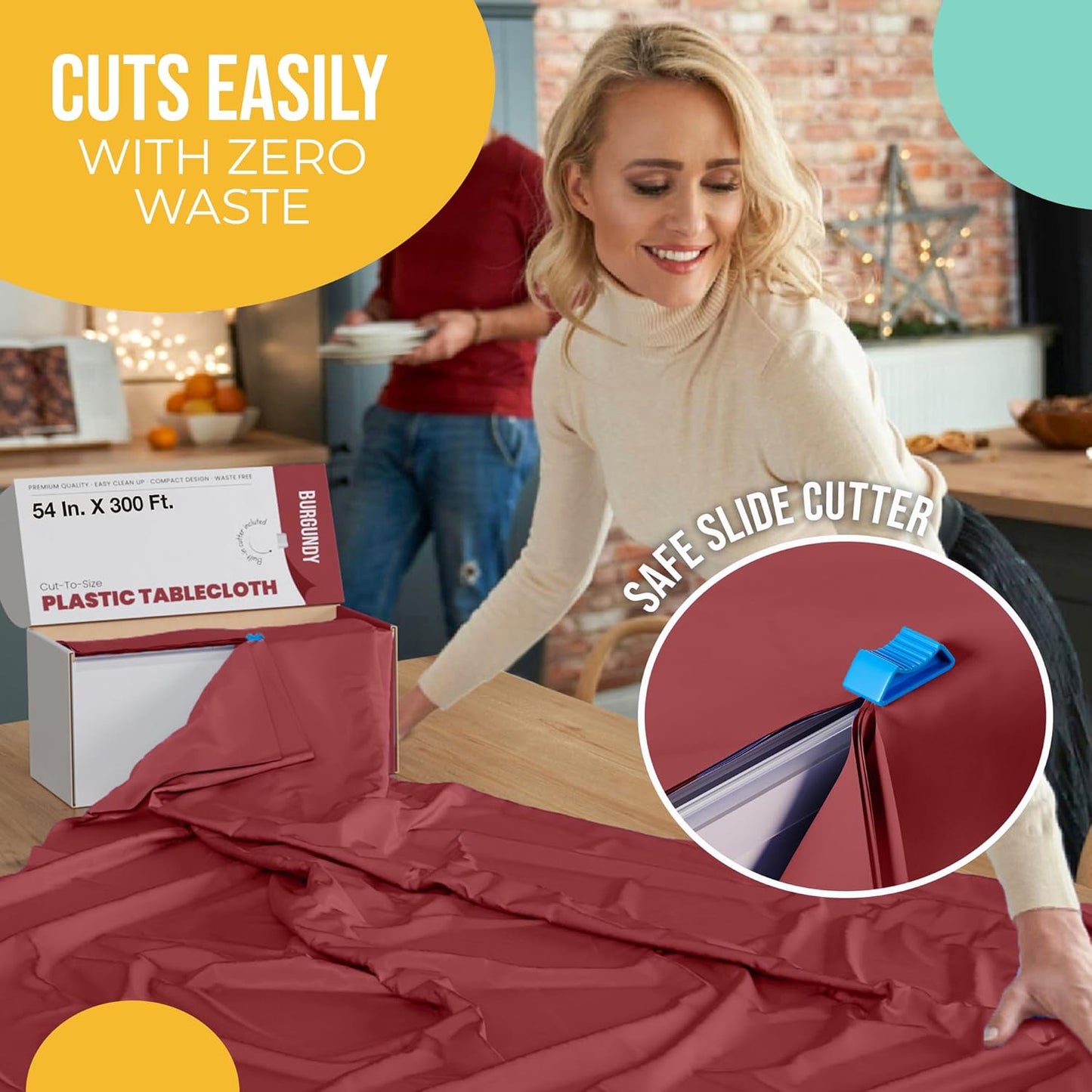 Party Solids 54 Inch X 300 Feet Burgundy Plastic Table Cover Roll in A Cut - to - Size Box with Convenient Slide Cutter. Cuts Up to 36 Rectangle 8 Feet Plastic Disposable Tablecloths