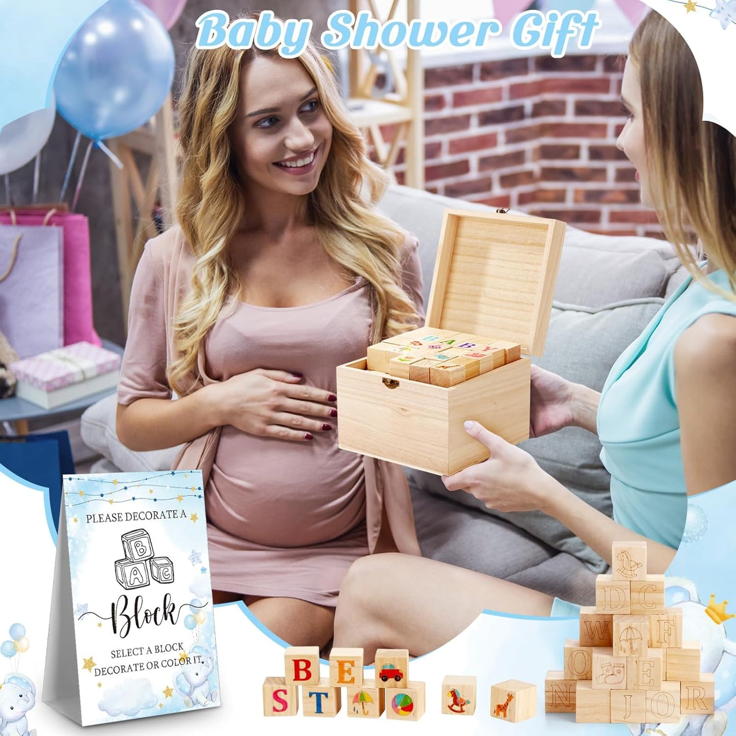 Marsui 136 Pcs Baby Shower Blocks to Decorate Game Kit Includes 98 Wooden Blocks, 36 Markers, 1 Game Sign, 1 Storage Box for Baby Shower Gender Reveal Activity Party Decorations(Blue Elephant)