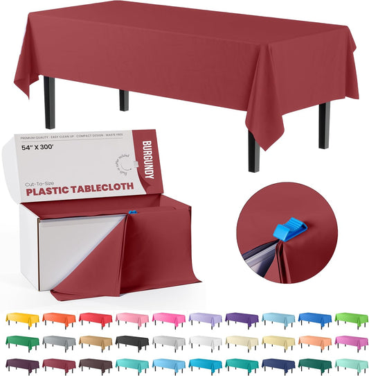 Party Solids 54 Inch X 300 Feet Burgundy Plastic Table Cover Roll in A Cut - to - Size Box with Convenient Slide Cutter. Cuts Up to 36 Rectangle 8 Feet Plastic Disposable Tablecloths