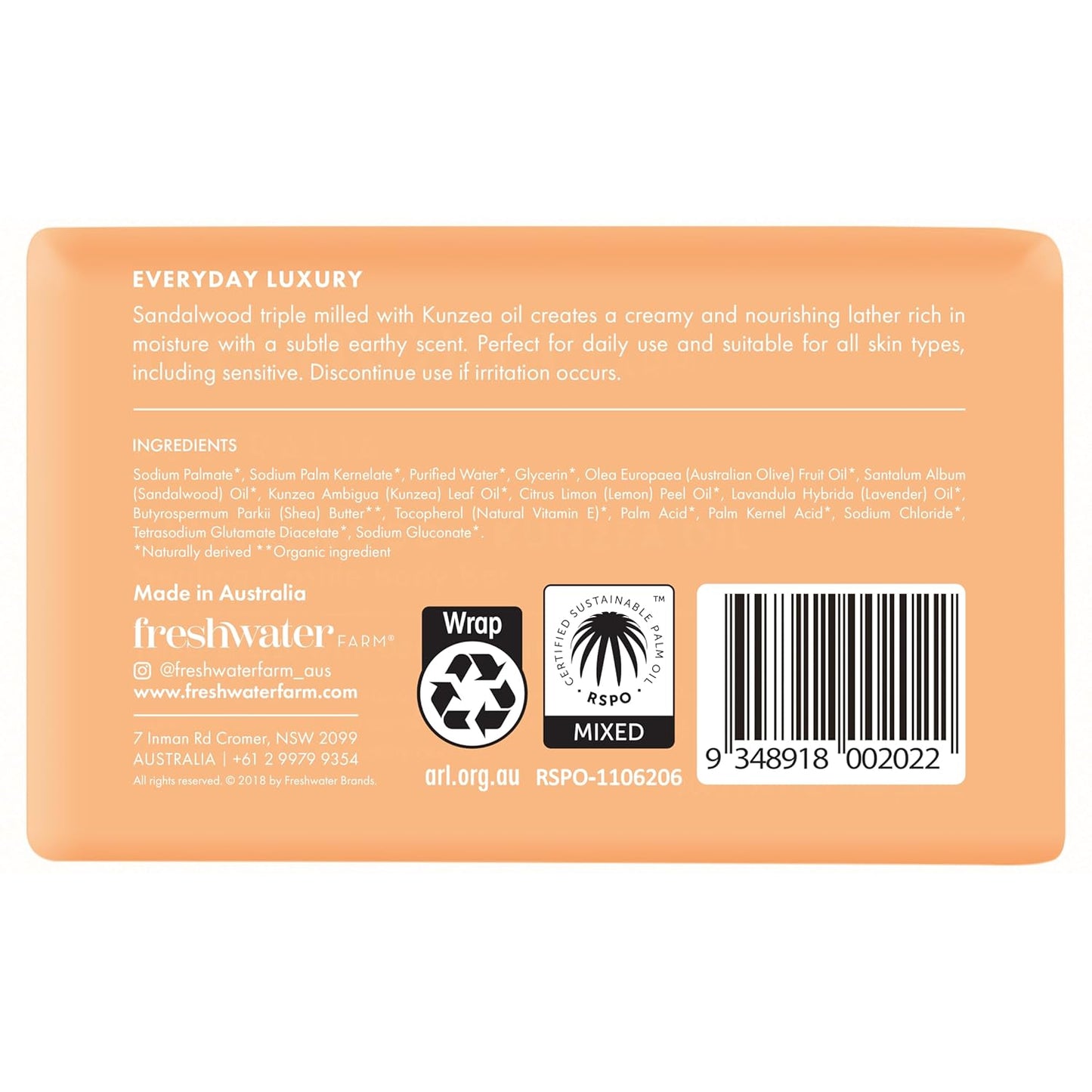 Freshwater Farm Australia Natural Soap Bar- Healing Sandalwood + Kunzea Oil 7oz x 8 Pack.Castile Natural Bar Soap/Body Soap Bars With Essential Oil For Sensitive Skin