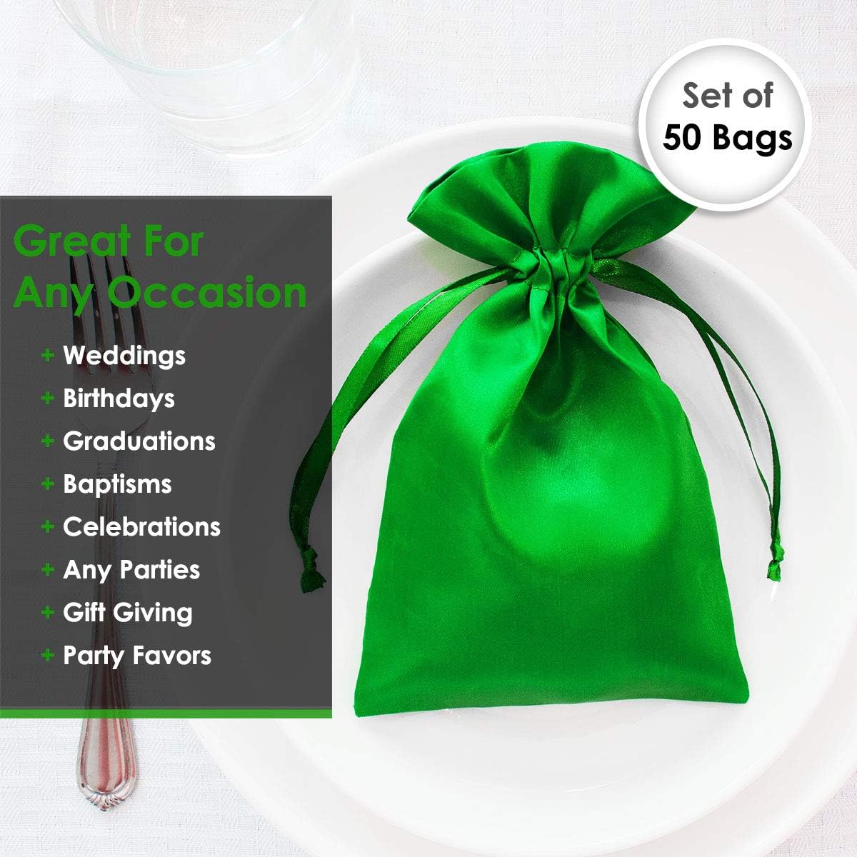 5" x 8" Green Satin Gift Bags, Jewelry Bags, Wedding Favor Drawstring Bags Baby Shower Christmas Gift Bags 50 per Pack