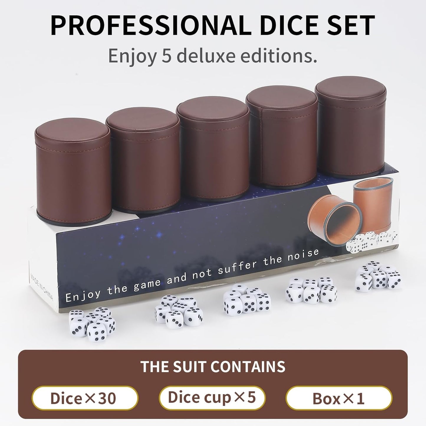 5 Pack PU Leather Dice Cups Velvet Felt-Lined Shaker Cups with 25 Dot Dice for Bar Party Yahtzee Farkle Dice Games, Brown