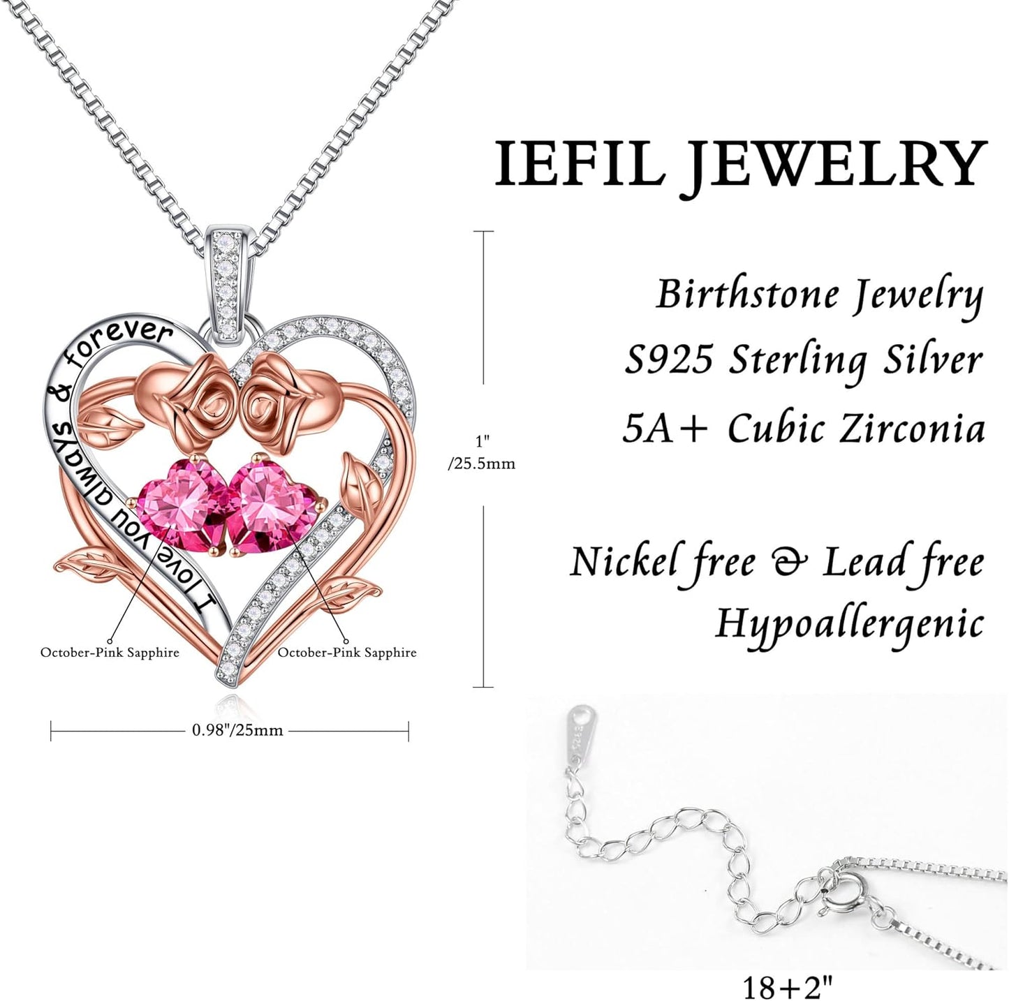 Iefil Rose Heart Double Birthstone Necklace Gifts for Wife Her Mom Women, Birthstone Jewelry Gemstone Birthday Gifts for Girlfriend Grandma Her Wife Women