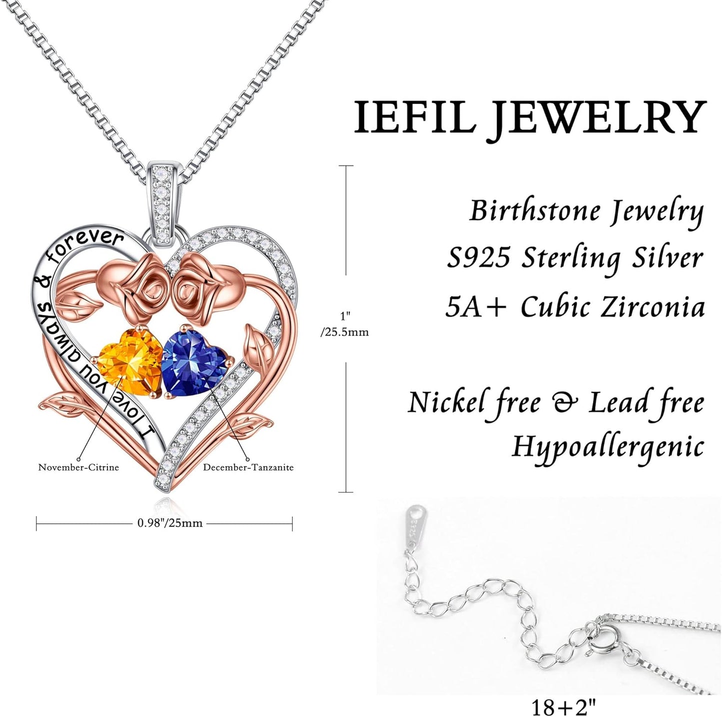Iefil Rose Heart Double Birthstone Necklace Gifts for Wife Her Mom Women, Birthstone Jewelry Gemstone Birthday Gifts for Girlfriend Grandma Her Wife Women