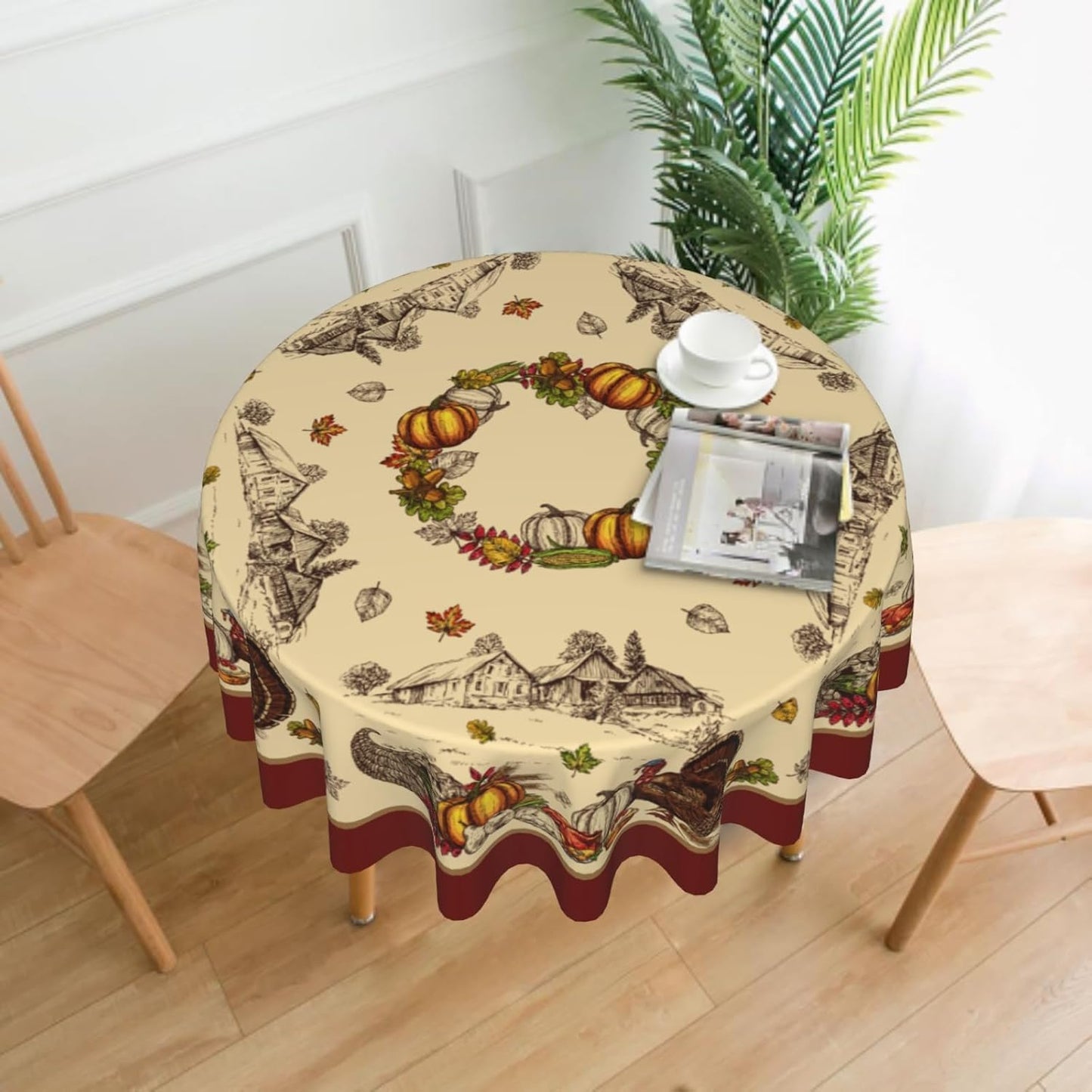 Giwawa Thanksgiving Round Tablecloth Rustic Fall Turkey Autumn Pumpkins Harvest Reusable Heat Resistant Waterproof Table Cloth Cover 60Inch for Kitchen Dining Holiday Farmhouse Decor