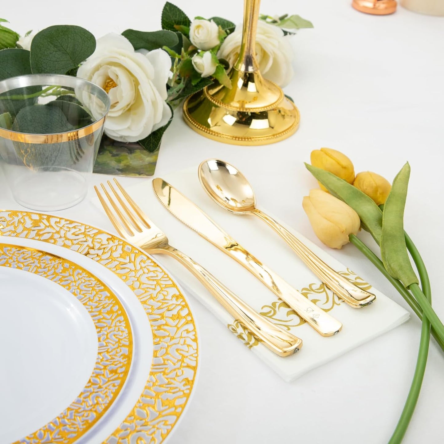WELLIFE 350Pcs Gold Dinnerware Sets, Plates and Napkins Party Supplies Include:50 Dinner Plates, 50 Dessert Plates, 50 Paper Napkins, 50 Cups, 50 Gold Plastic Cutlery Set