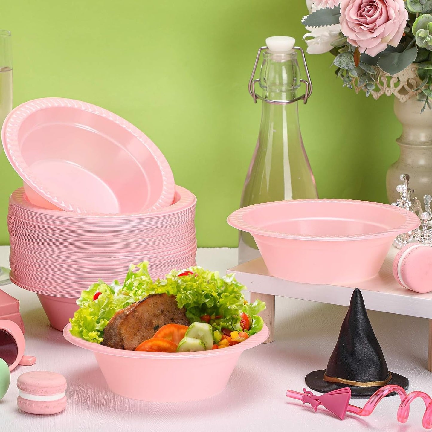 Lallisa 100 Pcs 12oz Pink Disposable Plastic Bowls Dessert Cups Ice Cream Snack Salad Soup Food Serving Bowls for Party Favor Picnic