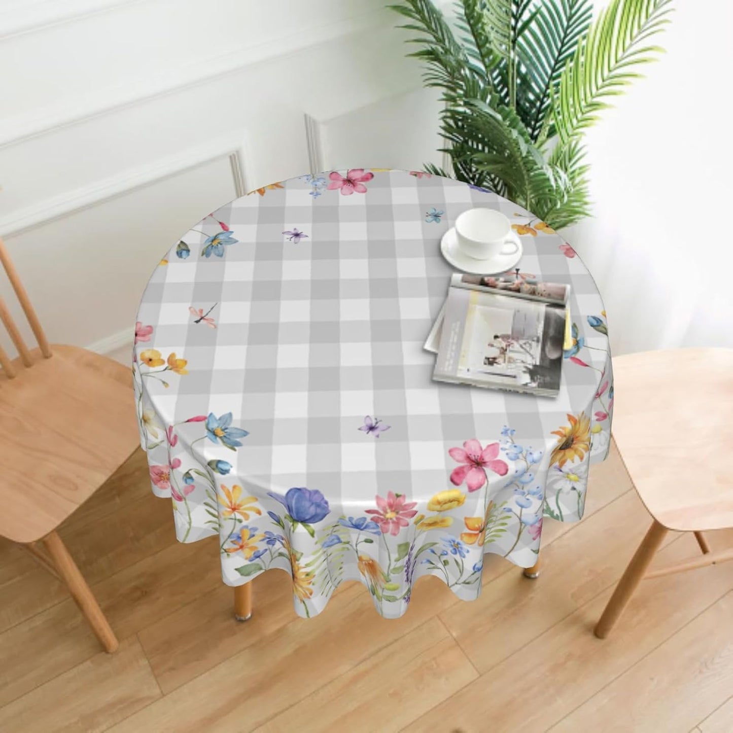 Giwawa Spring Floral Tablecloth Round 60 Inch Watercolor Summer Flower Table Cover with Grey Buffalo Plaids Wildflower Butterfly Table Cloth Polyester Heat Resistance for Kitchen Dining Camping Decor