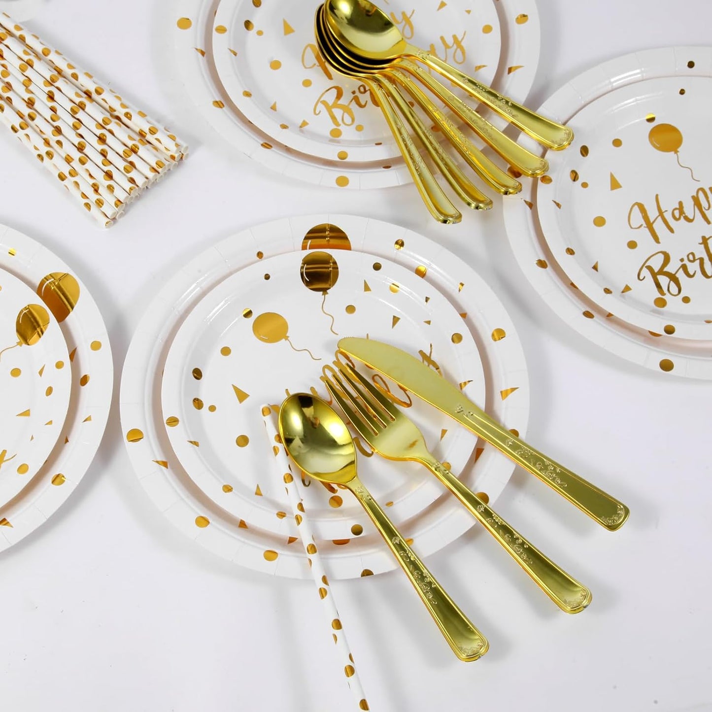 200PCS Birthday Decorations, Party Supplies, Disposable Happy Birthday Tableware Set, Paper Plates Napkins Cups, Plastic Forks Knives Spoons （25Guests） (White)