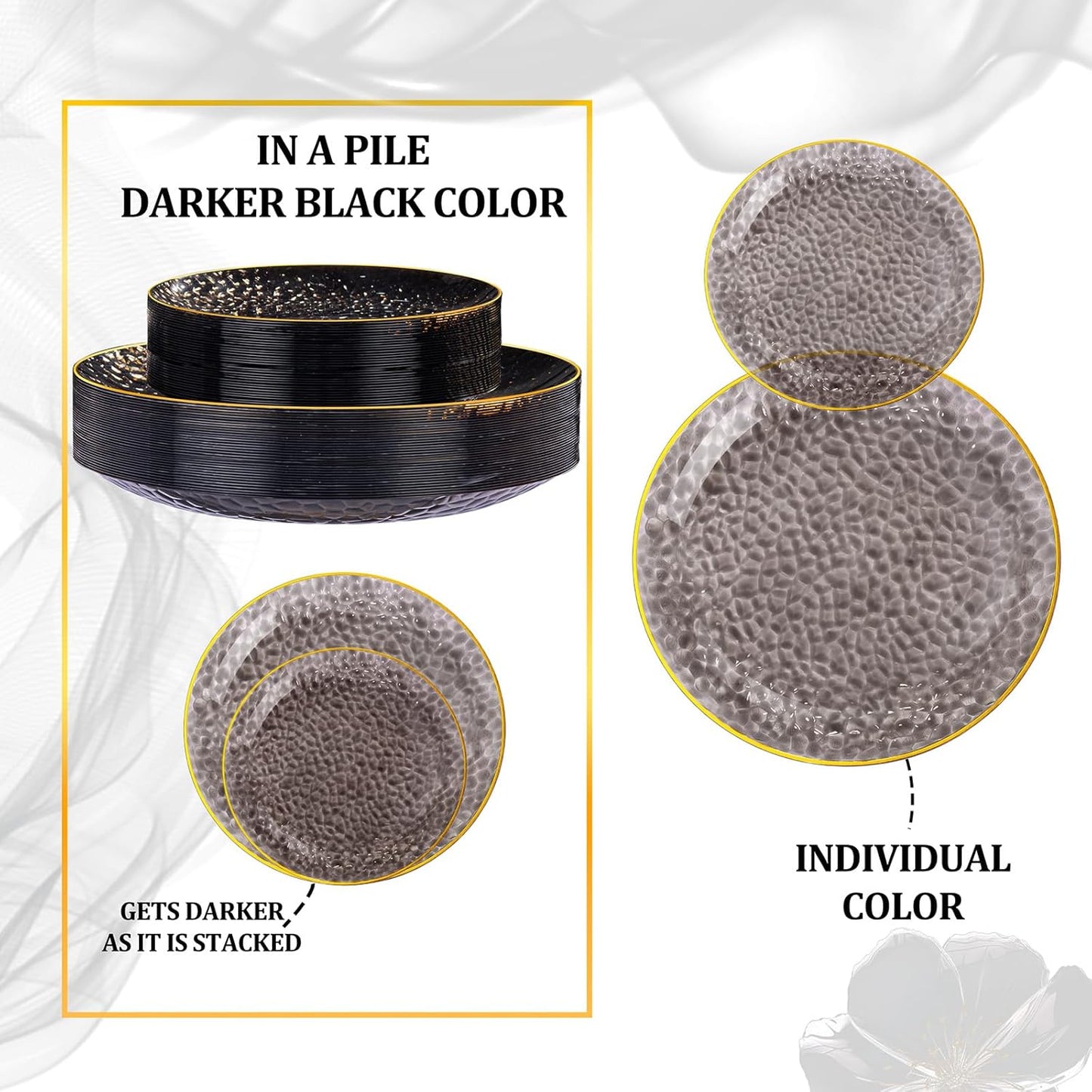 SUT 100Pcs Black Plastic Plates, Hammered Plates Disposable Heavy Duty, Black Disposable Plates With Gold Rim, Fancy Plastic plates Include 50 Dinner and 50 Dessert plates for Wedding