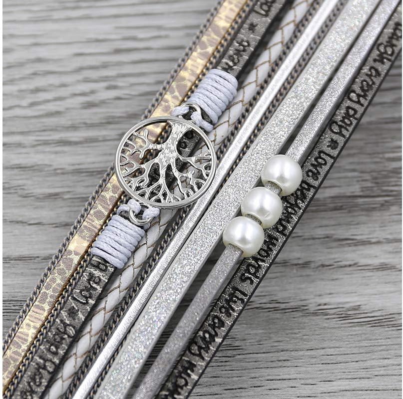 Fesciory Leopard Bracelet for Women, Boho Leather Wrap Multi-Layer Pearl Crystal Bracelet Bangle Jewelry