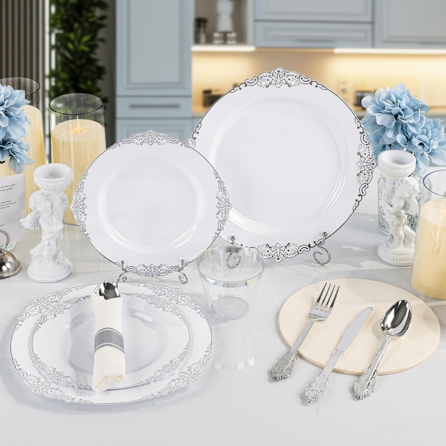 175PCS White and Silver Plastic Plates for 25 Guests, Disposable Dinnerware Sets Include 50 Plastic Plates, 25 Silverwares, 25 Cups, and 25 Pre Rolled Napkins for Party, Graduation