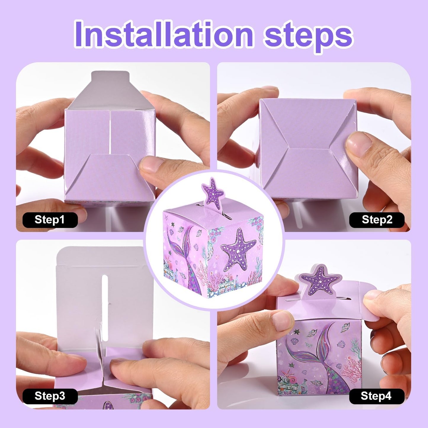 24 Pcs Mermaid Party Favor Boxes, 2.17inch Purple Under the Sea Foldable Goodie Boxes with Conch Starfish & Seashell, Treat Boxes for Candy Snacks & Gifts, Dreamy Birthday Baby Shower Party Supplies
