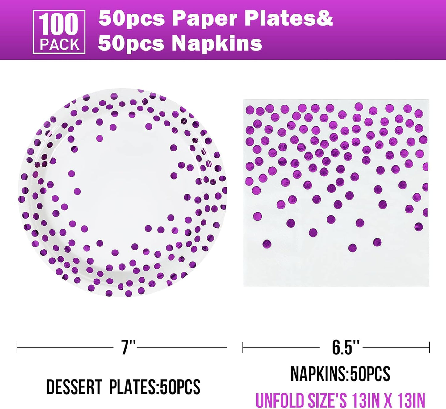 White and Purple Gold Paper Plates- 100 Pack- 50 x 7" Paper Plates & 50 x 6.5" Napkins, Purple Plate and Napkins Party Supplies for Birthdays Receptions and All Occasions