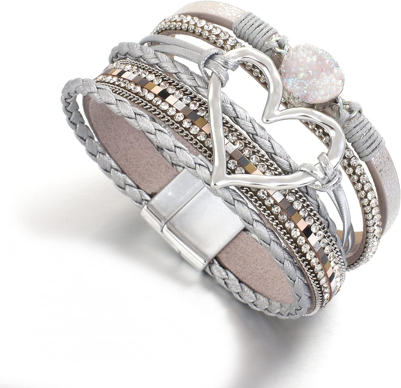 Leather Wrap Bracelet for Women Beaded Cuff Bracelet with Heart-shape Decor Bohemian Crystal Bracelet Jewelry with Clasp Bangle Bracelet for Women Girls Birthday Holiday Gift