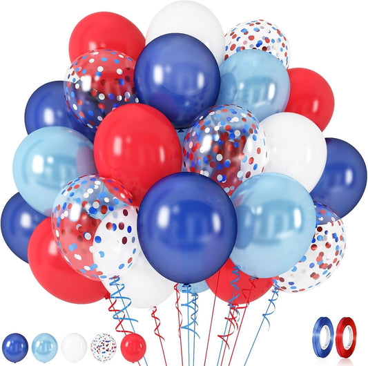 Red White Blue Balloons, 60pcs Pearl Navy Light Blue Matte Red White Confetti Helium Latex Balloons for Patriotic Veterans Memorial Day Baseball Nautical Theme Birthday Baby Shower Party Decorations