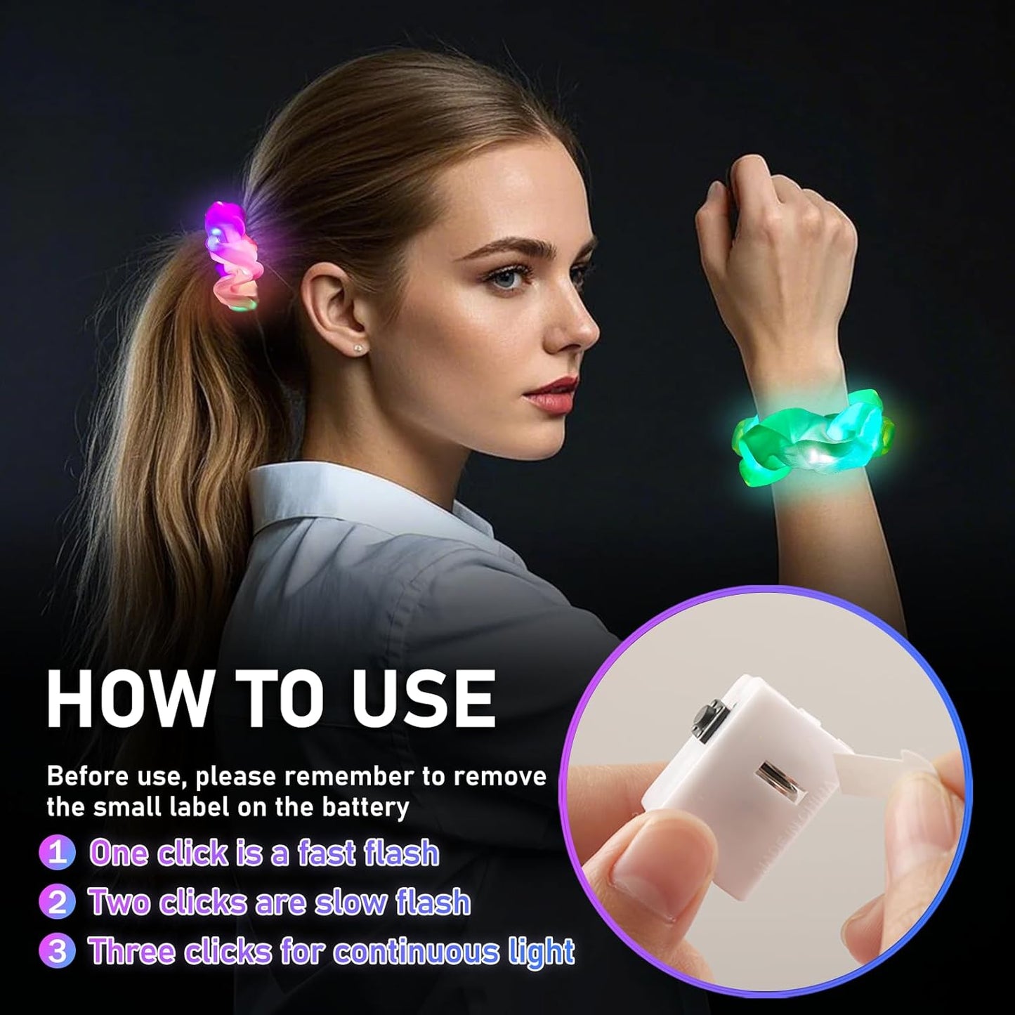 24PCS Light up Scrunchies for Girls, Glow in the Dark Party Supplies, 3 Glow Mode Satin Scrunchy, LED Hair Accessories for Birthday Party, Rave Party, Festival & Sleepover Party