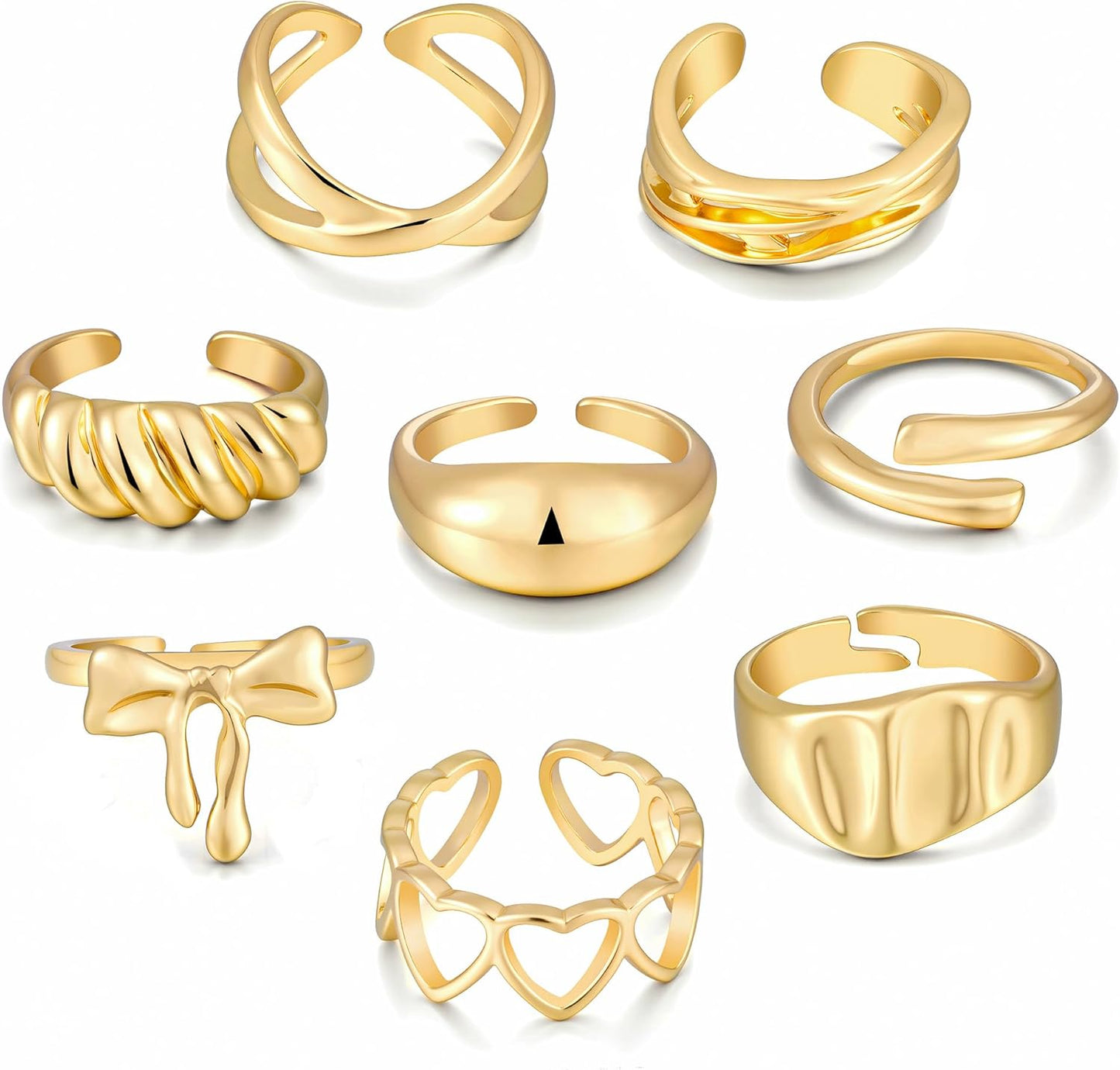 FAXHION 12PCS Gold Stackable Rings Set for Women, 18K Gold Plated Open Stacking Knuckle Ring, Adjustable Chunky Signet Band Statement Ring for Gift