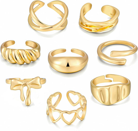 FAXHION 12PCS Gold Stackable Rings Set for Women, 18K Gold Plated Open Stacking Knuckle Ring, Adjustable Chunky Signet Band Statement Ring for Gift