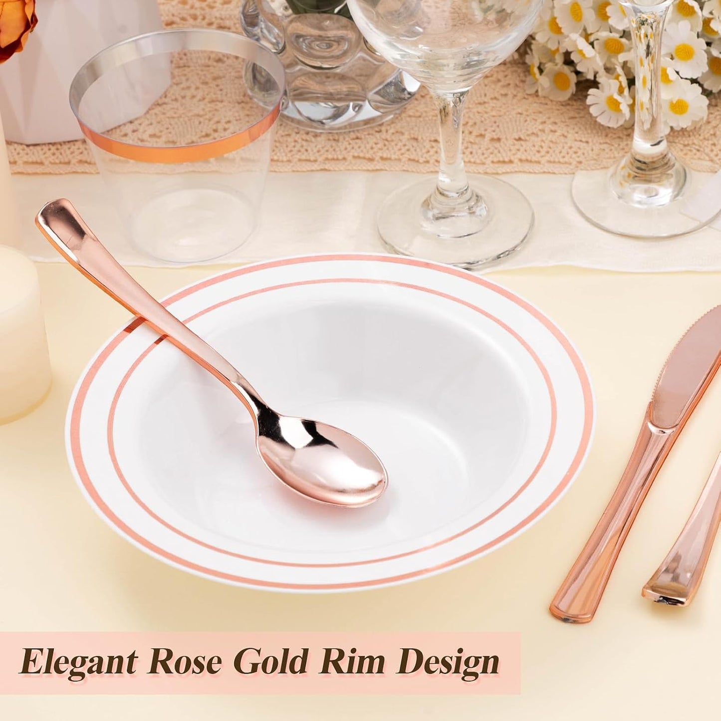 50 Pack Disposable Soup Bowls with Rose Gold Rim, 12oz Premium Heavy Duty Plastic Dinner Bowls for Party, Wedding and Holiday