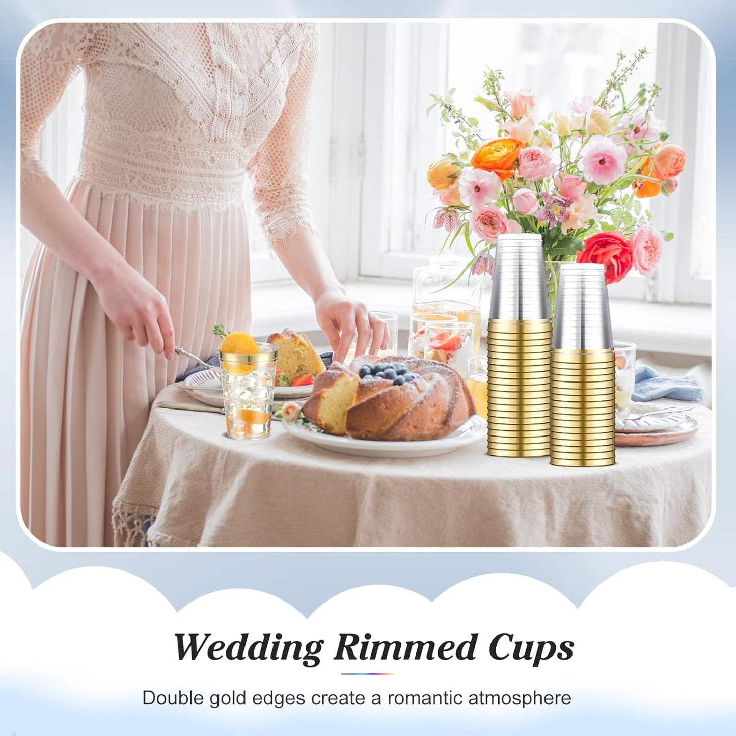 Sliner 50 Pcs Hard Plastic Cups Double Rimmed Plastic Cups Heavy Duty Fancy Disposable Wine Glasses for Holiday Wedding Graduation Birthdays Christmas Valentine Parties(14 Oz,Gold)