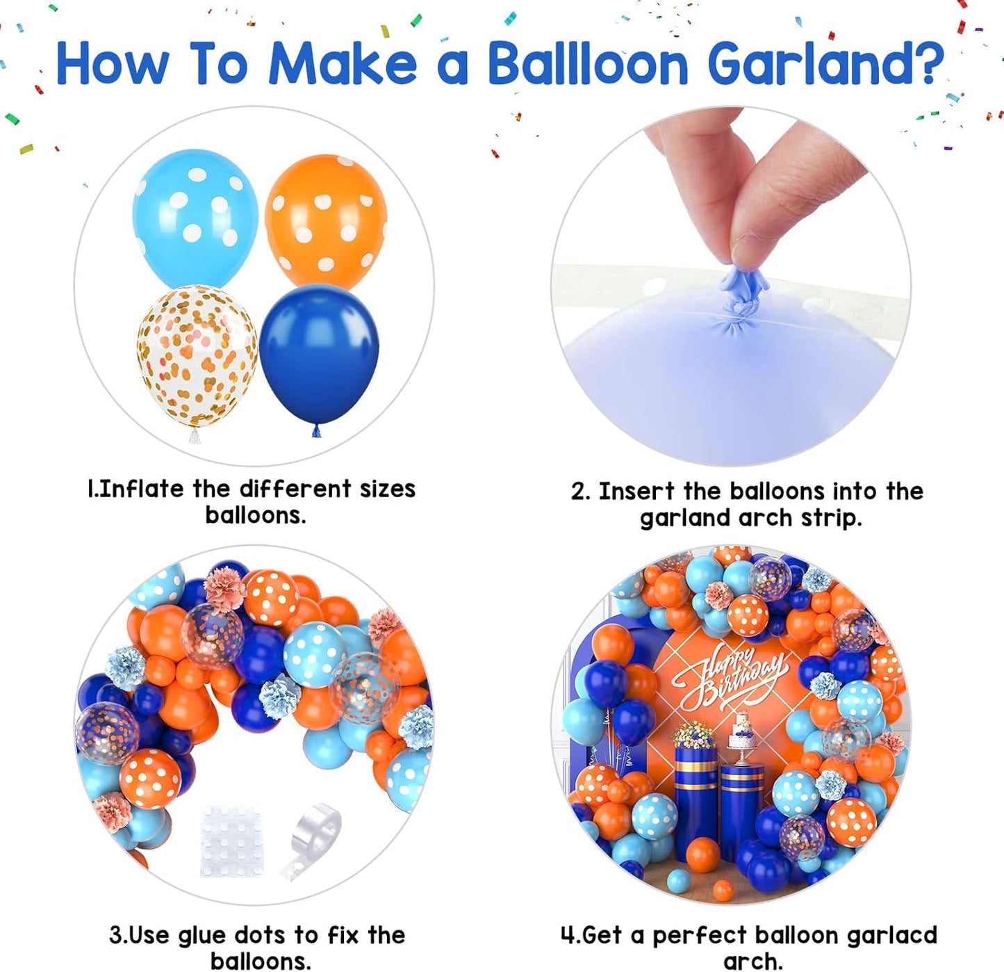 Paready Blue and Orange Balloon Arch Kit, 113Pcs Royal Blue Balloon Garland Light Blue and Orange Polka Dot Party Balloons Confetti Balloons for Birthday Party Baby Shower Wedding