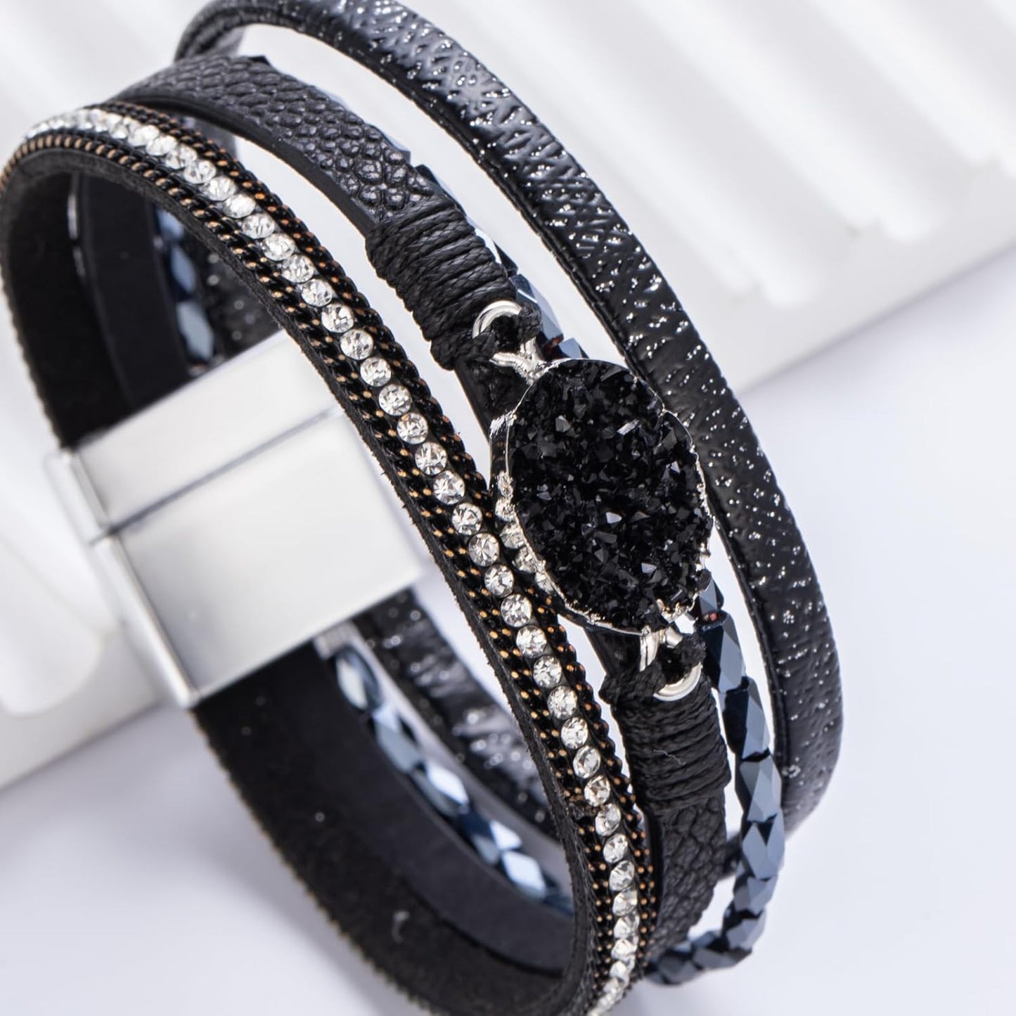 FANCY SHINY Leather Wrap Bracelet Boho Cuff Bangle Bracelets Crystal Bead Bracelet with Magnetic Clasp Jewelry Gifts for Women