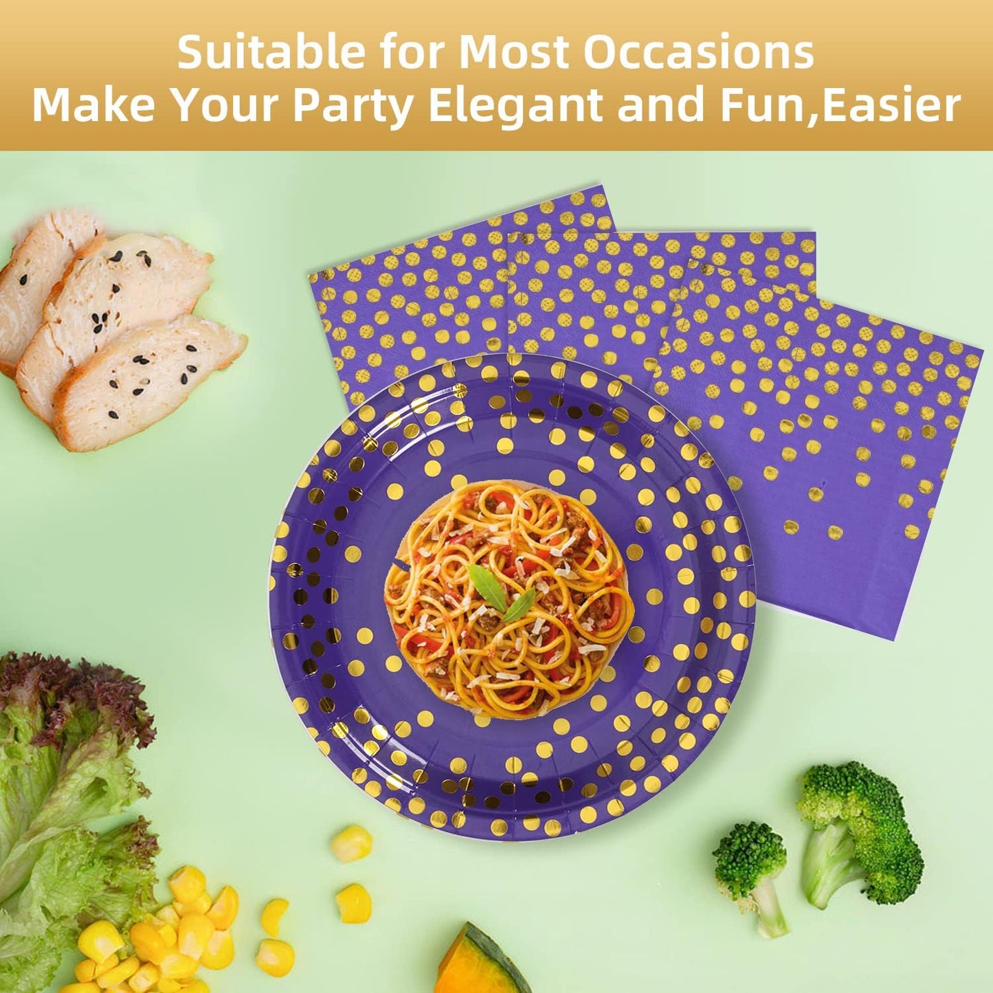 Purple and Gold Paper Plates- 100 Pack- 50 x 7 Paper Plates & 50 x 6.5 Napkins, Purple Plate and Napkins Party Supplies for Birthdays Receptions and All Occasions