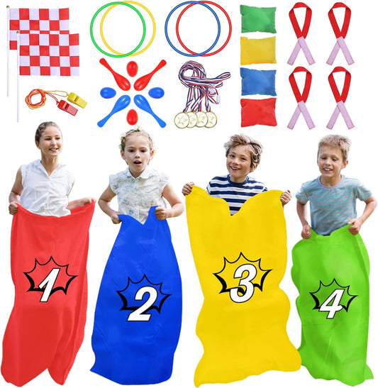 GOLDGE 28 Piece Outdoor Games Kit for Kids, Includes Potato Sack Race Bags, Bean Bag Toss, 3 Legged Race Bands, Egg Spoon Relay, for Easter & Birthday Parties