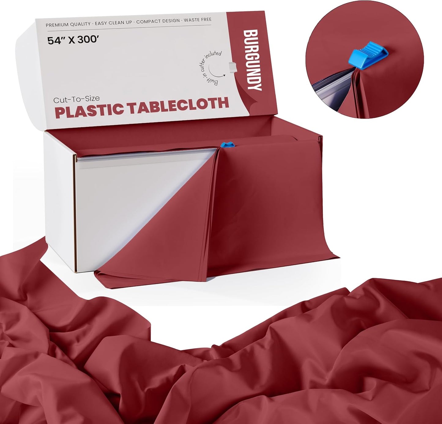Party Solids 54 Inch X 300 Feet Burgundy Plastic Table Cover Roll in A Cut - to - Size Box with Convenient Slide Cutter. Cuts Up to 36 Rectangle 8 Feet Plastic Disposable Tablecloths
