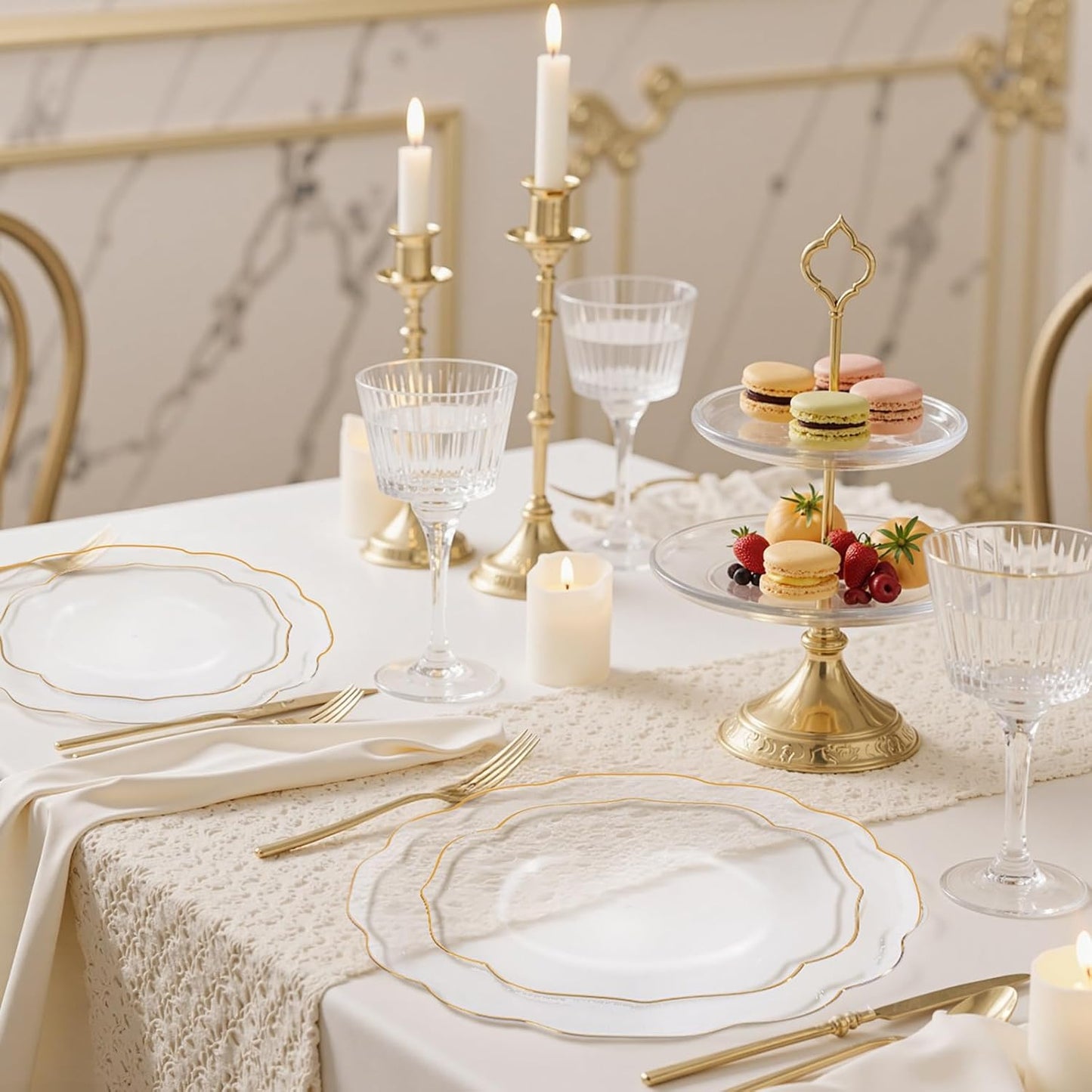 bUCLA 180PCS Clear Plastic Plates with Gold Trim - Clear Gold Plastic Dinnerware Include 30 Dinner & Dessert Plates, 30 Knives, 30 Forks, 30 Spoons and 30 Cups for Party & Thanksgiving