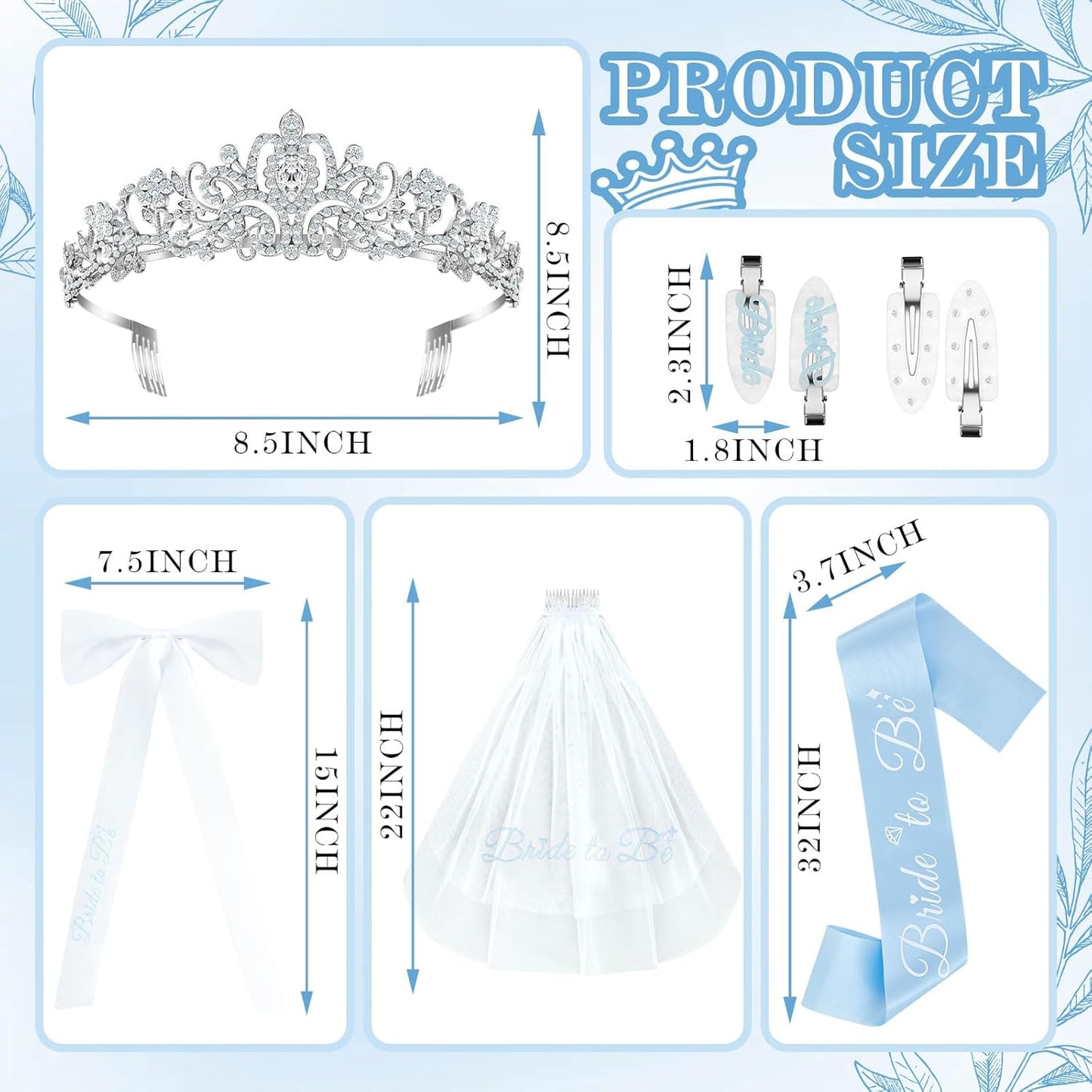 8 Pcs Blue Bachelorette Party Decorations, Bride Sash, Clips, Bridal Shower Crown, Veil, Embroidered Bow Hairpins Engagement Gifts for Bride, Wedding, Bridal Shower Favor