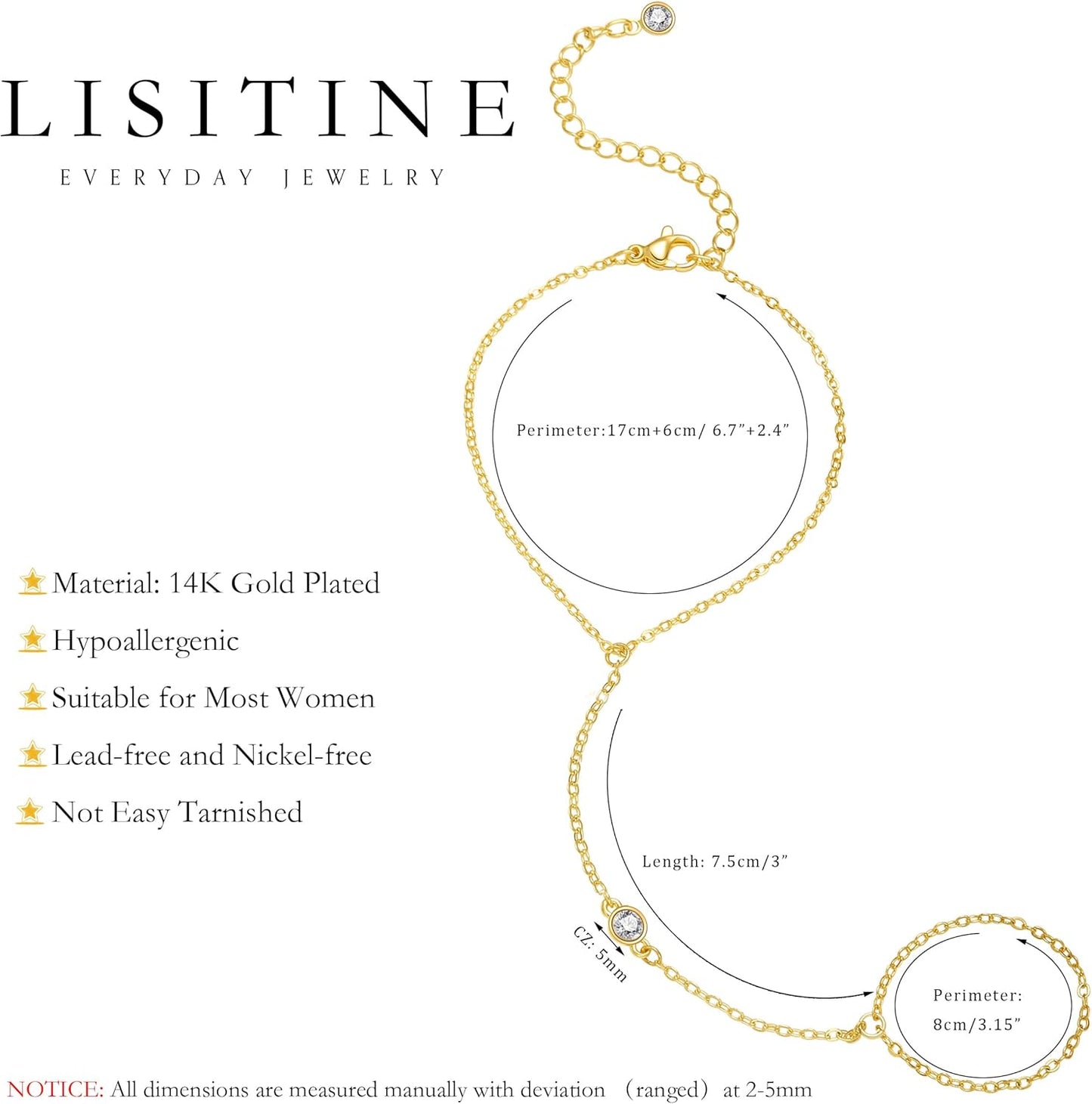 Listine Hand Chain Bracelet 14K Gold Plated Ring Bracelet Hand Chain Trendy Stuff for Women Dainty Hand Bracelets with Finger Ring Hand Jewelry for Women