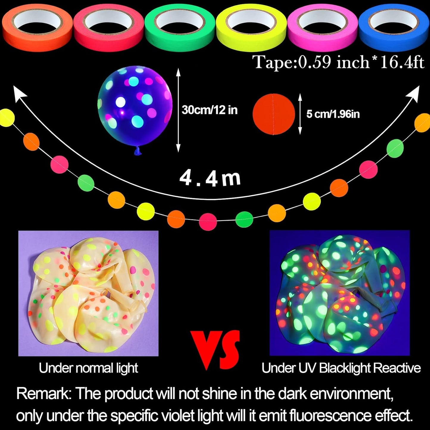 32 Pcs Glow in The Dark Party Supplies Christmas Neon Party Favors with 25 Fluorescent Balloon 6 Rolls 98.4 ft UV Blacklight Luminous Tape 14.4 ft Neon Streamer Garland for Adults(Clear Big Dot)