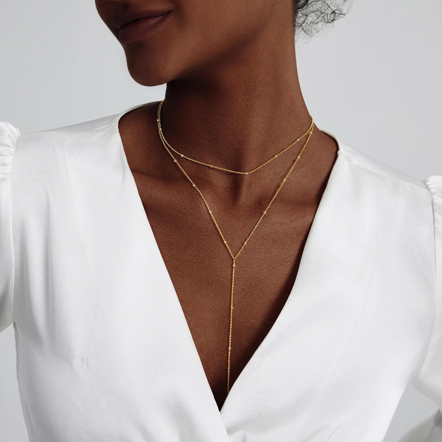 Luxval Lariat Gold Necklace for Women, Dainty Long Necklace 14k Gold Plated/Silver Y-Shaped Pendant Necklaces Trendy Beaded Chain Drop Necklaces Jewelry for Women Gifts