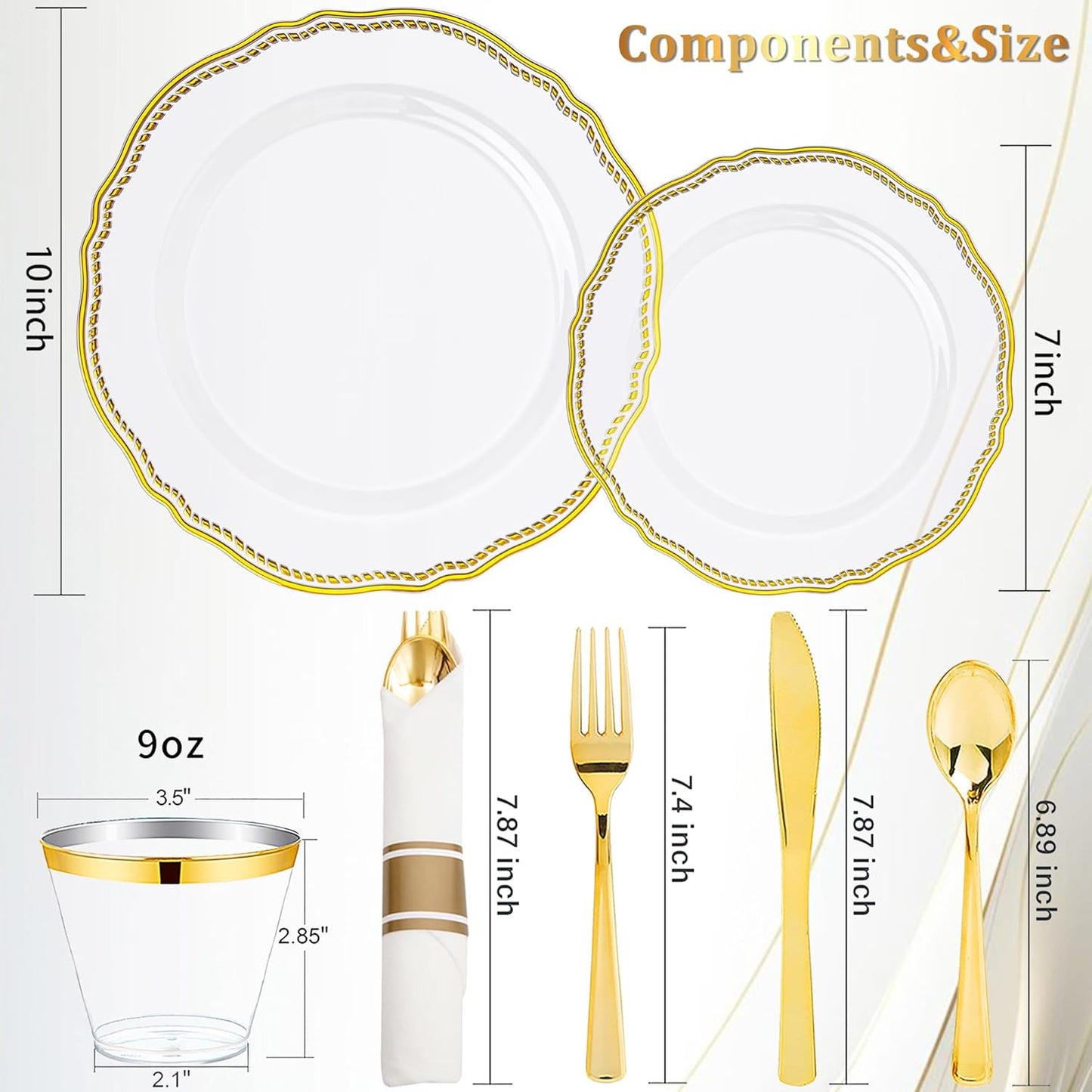 Hioasis 175pcs Clear Gold Plastic Plates - Gold Plastic Dinnerware Set Includes 25 Dinner Plates, 25 Dessert Dinnerware, 25 Cups, 25 Napkins Perfect for Wedding & Party