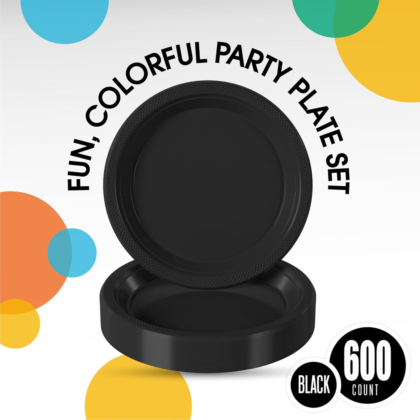 Party Solids Black Plastic Plates Bulk 7" Black Disposable Plates For Party Supplies 600 Pieces Disposable Dinner Plate Heavy Duty 350 GSM Plate Sets, Plastic Dinnerware Sets