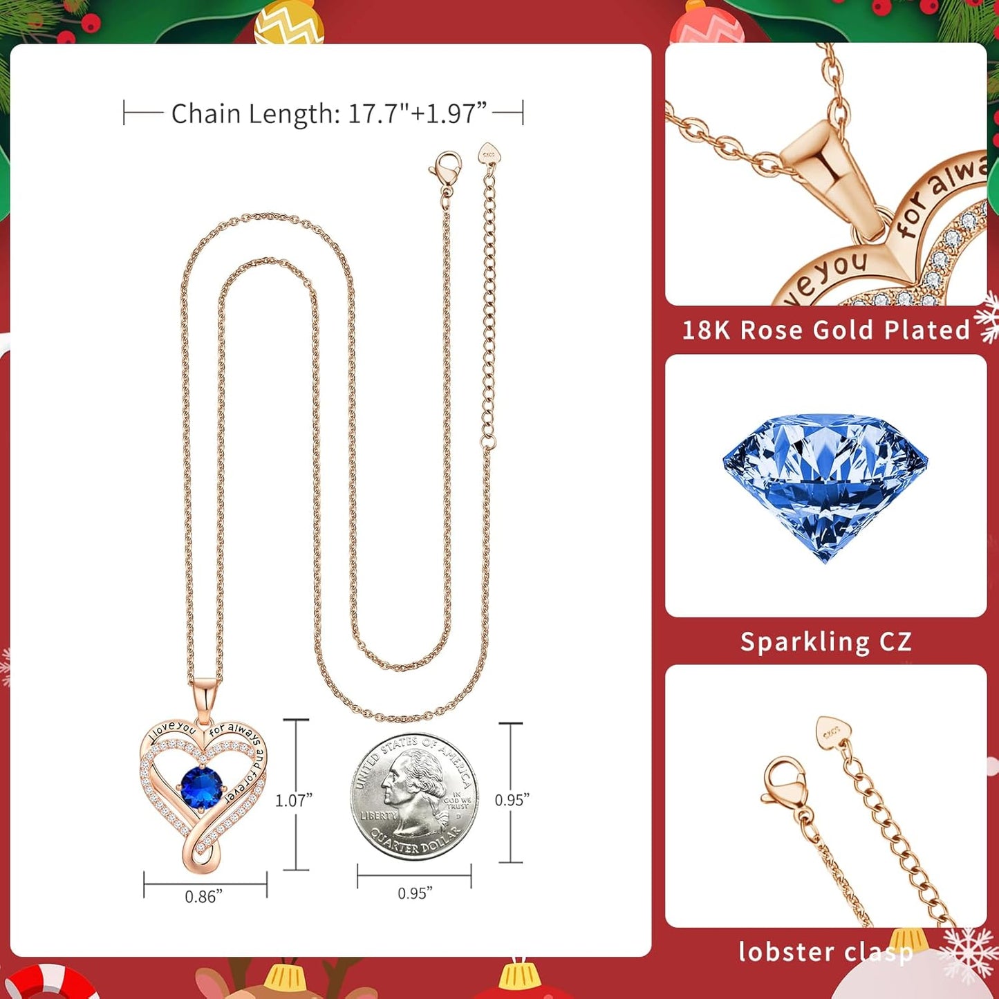 18K Rose Gold Infinity Love Heart Birthstone Necklace for Women Wife, Anniversary for Women Wife Birthday Gift for Her Girlfriend Mom Daughters, I Love You Women's Jewelry S925 Sterling Silver