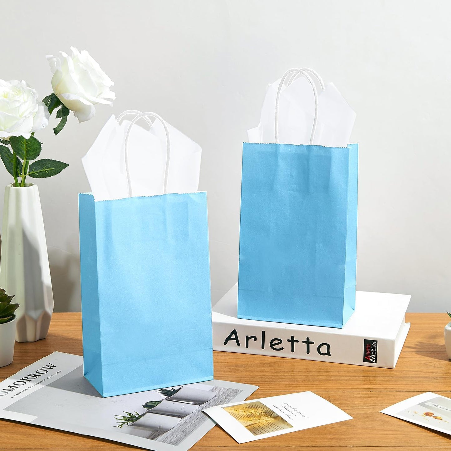 DjinnGlory 100 Pack Small Sized Blue Paper Bags with Handles Bulk for Merchandises, Christmas Gifts, Baby Blue Party Goodie Bags for Birthdays, Baby Showers, Weddings, 9x5.5x3.15 Inch