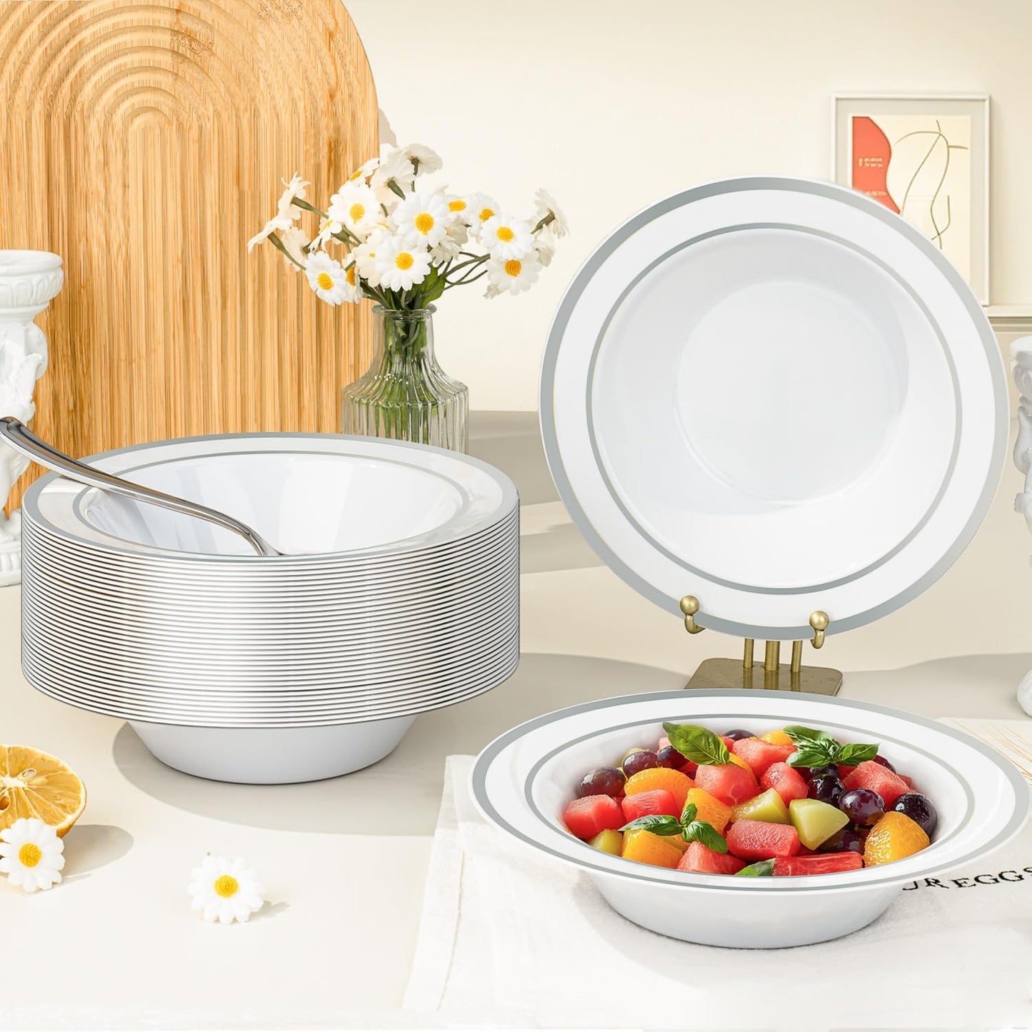 BESTVIP 50 Pack Plastic Bowls with Silver Rim, 12 oz Disposable Soup Bowls, Heavy-duty Dessert Salad Bowl for Party, Wedding, Christmas, Thanksgiving Catering and Dinner