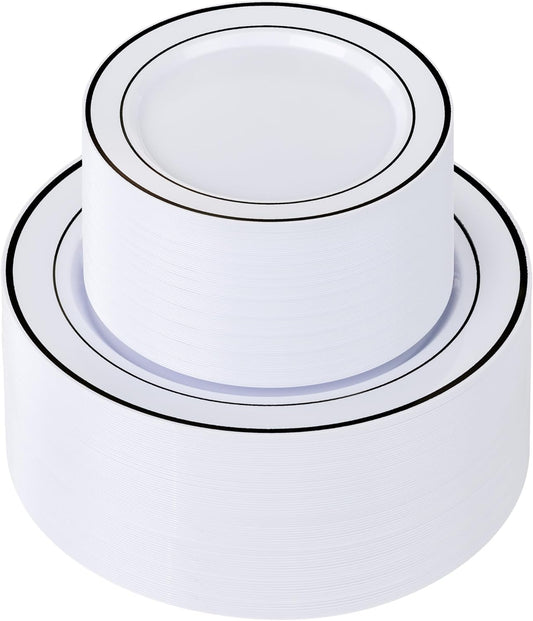 U-QE 100pcs Black Plastic Plates for Party - Black Plates Disposable Heavy Duty - Include 50 10" Dinner and 50 7" Dessert Plate, Fancy Plastic Plates for Wedding, Party, Birthday