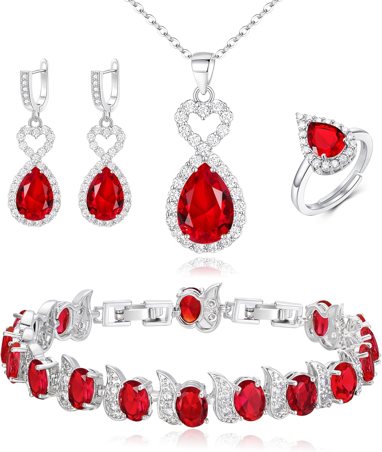 BriLove Wedding Jewelry Set for Women Bride Bridesmaid, Gorgeous Cubic Zirconia Teardrop Necklace Earrings Bracelet Adjustable Ring Jewelry Gift for Birthday/Anniversary/Mother’s Day