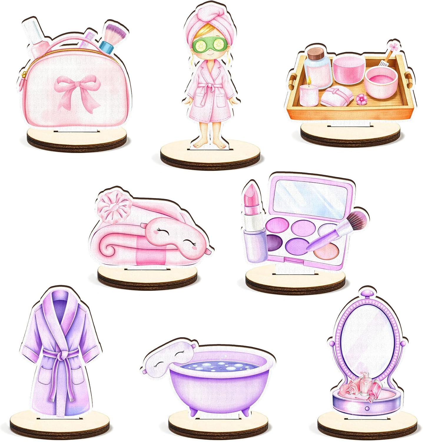 16 Pcs Wooden Spa Sleepover Party Table Centerpiece Sleeping Slumber Party Tabletop Detachable Sign Display Decoration Pink Purple Spa Birthday Table Toppers Photo Props Favor Supplies