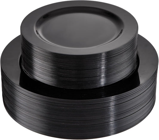 FLOWERCAT 100PCS Black Plastic Plates - Heavy Duty Black Disposable Plates for Halloween Party/Birthday/Wedding/Father's Day- serve 50guests 10 inch and 7 inch Set