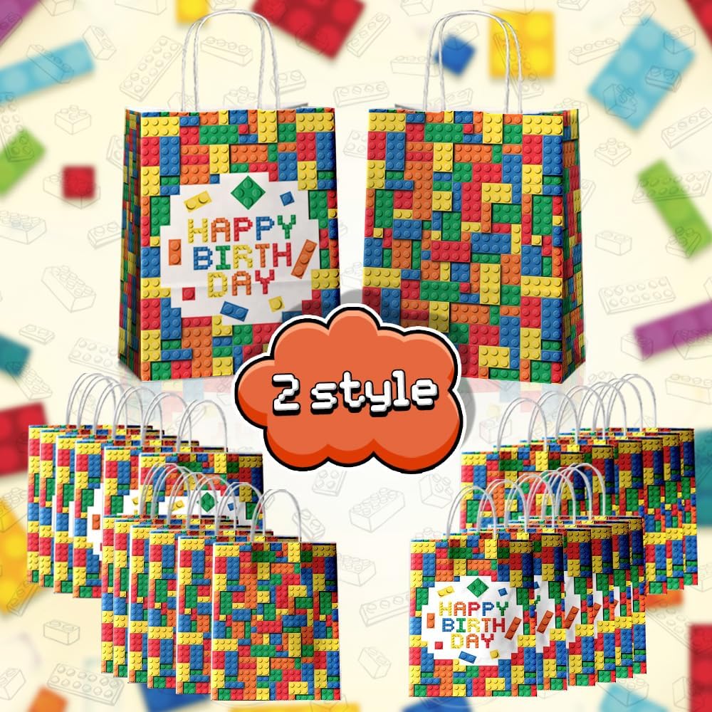 24 Pcs Building Block Party Favor Bags with Handles - Bricks Goodie Gift Candy Bags for Birthday Party Baby Shower Supplies Decorations