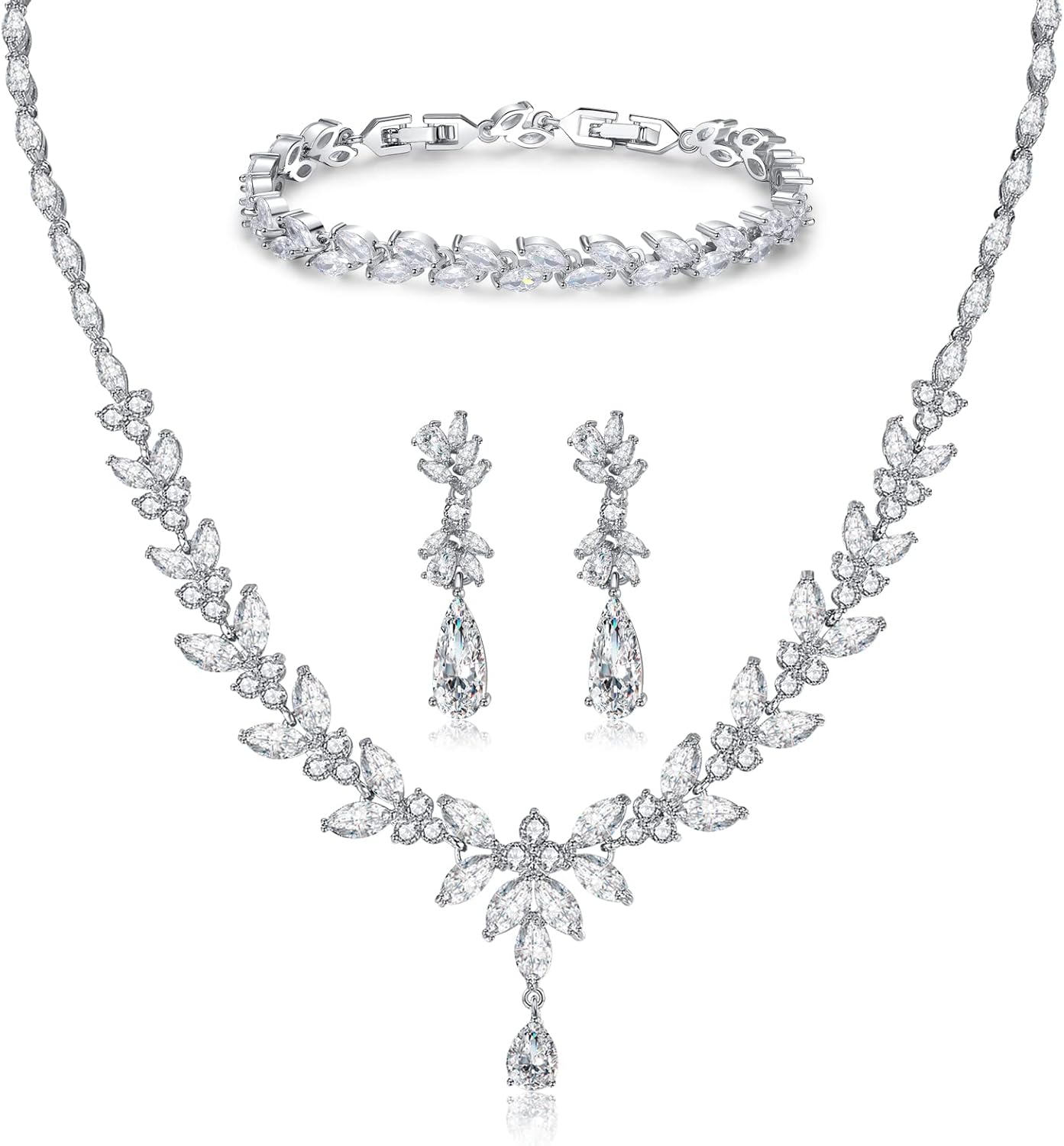 Jewelry Set for Women, Cubic Zirconia Necklace Dangle Earrings & Bracelet Jewelry Set for Bride Bridesmaid Wedding Engagement Prom Party