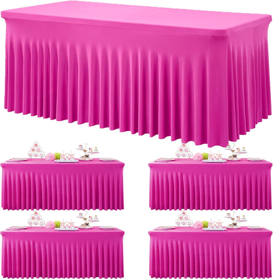 6ft Hot Pink Spandex Tablecloths for Rectangle Tables, 4pk Stretchy Table Cloths Fitted Tablecover 6 Foot Fuchsia Desk Skirt for Weddings Birthday Party Banquet Baby Shower