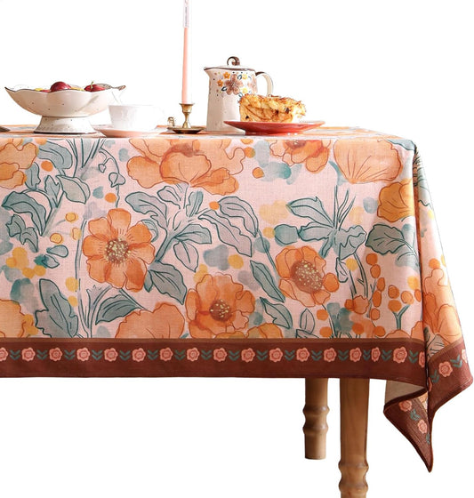 Vintage Linen Long Rectangle Tablecloth,Italian Orange Floral Soft and Wrinkle Resistan Table Cloth,Decor Table Cover for Kitchen,Dining,Thanksgiving,Christmas,63"*102"-Positano