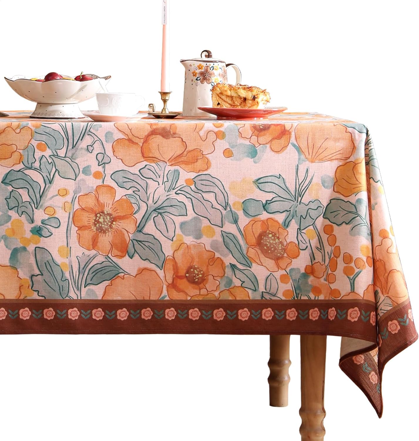 Vintage Linen Long Rectangle Tablecloth,Italian Orange Floral Pattern Wrinkle Resistan Table Cloth,Decor Table Cover for Kitchen,Dining,Thanksgiving,Christmas,63"*94"-Positano